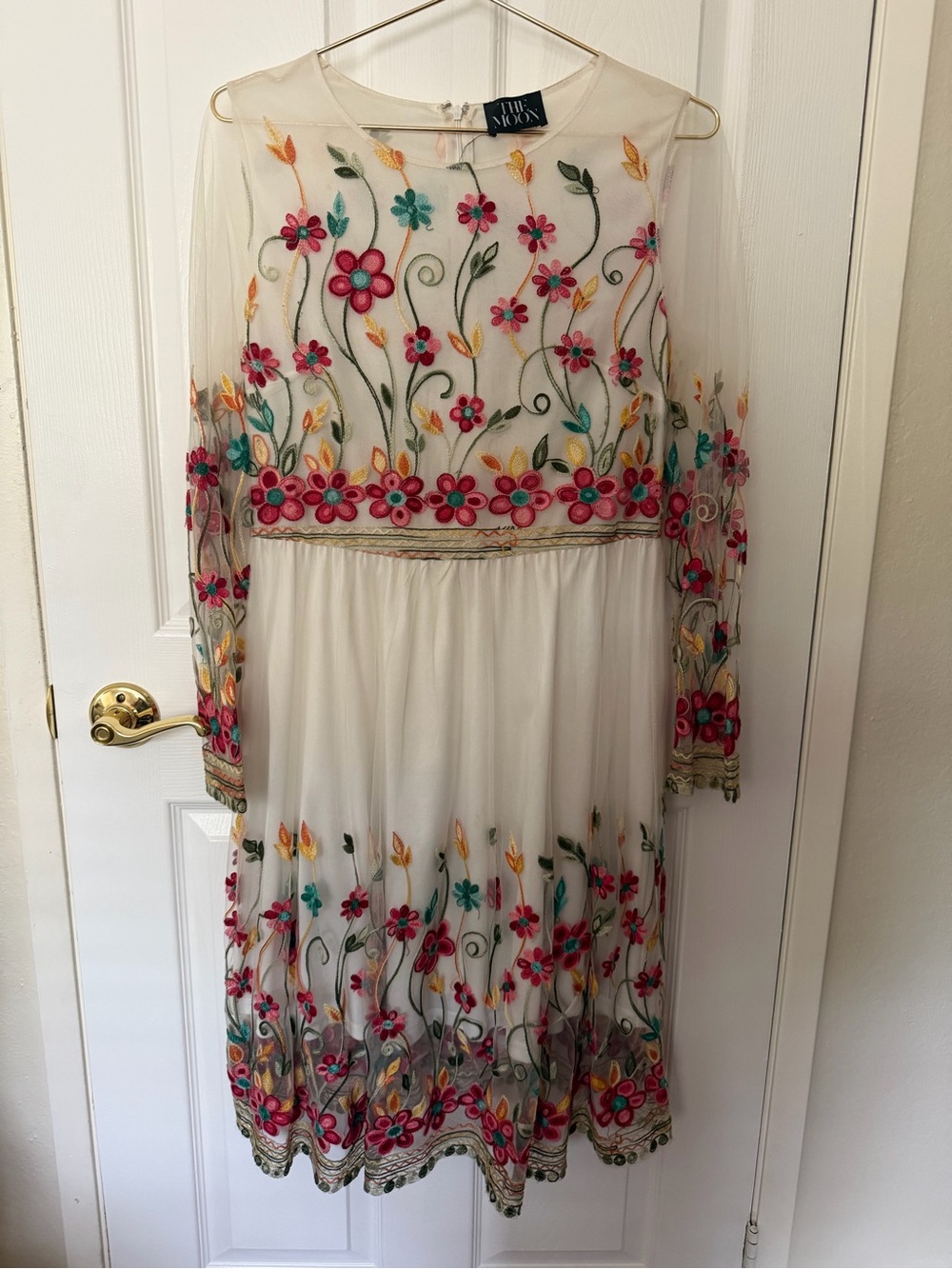 The Moon White, Multi Floral Embroidered Dress w/ Sheer Sleeves Large